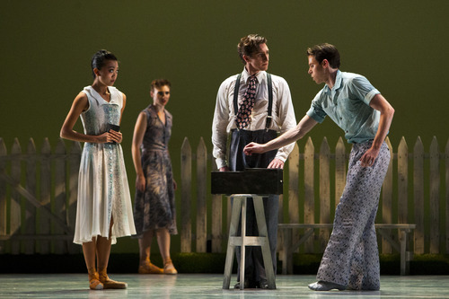 Chris Detrick  |  The Salt Lake Tribune
Soloist Sayaka Ohtaki, demi-soloist Emily Adams, principal artist Christopher Ruud, artist Owen Gaj of Ballet West perform 'The Lottery' during a dress rehearsal at the Capitol Theatre Thursday November 1, 2012.