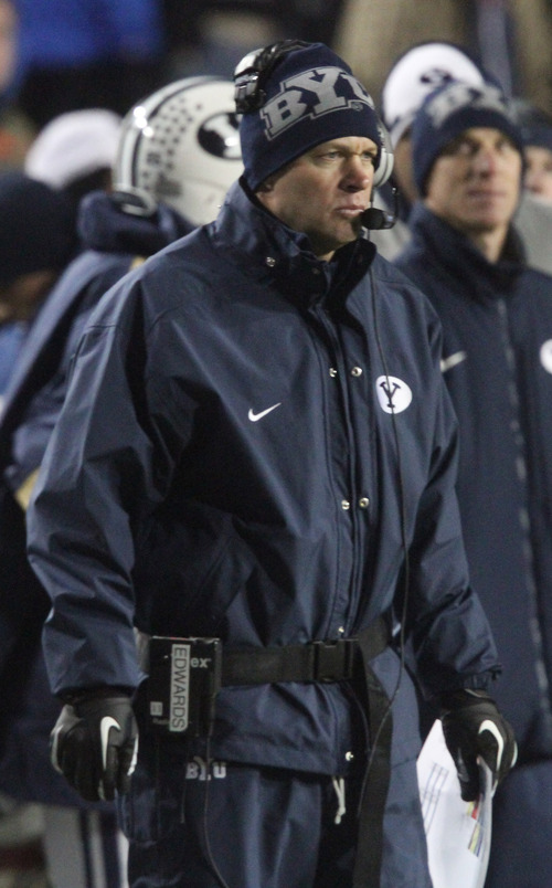 Rick Egan  | The Salt Lake Tribune 

Brigham Young Cougars head coach Bronco Mendenhall, on the sidelines  in football action, BYU vs. Idaho Vandals, at Lavell Edwards Stadium, Saturday, November 10, 2012