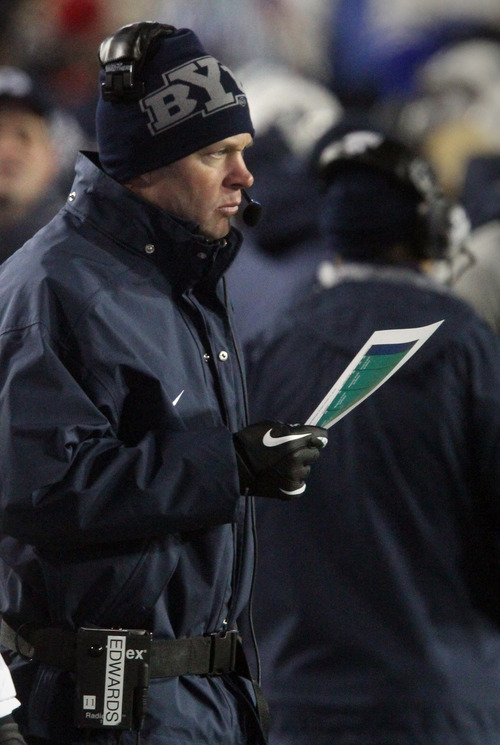 Rick Egan  | The Salt Lake Tribune 

Brigham Young Cougars head coach Bronco Mendenhall, on the sidelines  in football action, BYU vs. Idaho Vandals, at Lavell Edwards Stadium, Saturday, November 10, 2012