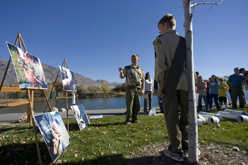 Kim Raff | The Salt Lake Tribune
(right) Eagle Scouts Steven Petersen and (left) John Petersen give a presentation about the dangers of monofilament fishing line to wildlife at the pond at Highland Glen Park in Highland, Utah on October 29, 2012. The two boys decided to do outreach about the dangers of monofilament fishing line to wildlife as their Eagle Scout project and have been able to install these container a few locations near fishing areas.
