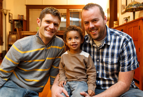 Trent Nelson  |  The Salt Lake Tribune
Two-year-old Xander Clark with his two dads, Brandon Mark, left, and Weston Clark, at their home Friday November 9, 2012 in Salt Lake City.
