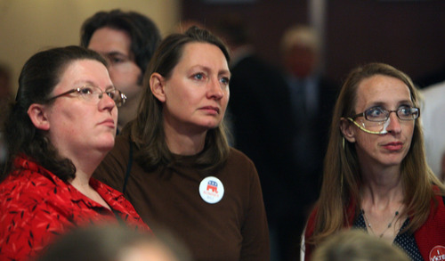 Steve Griffin | The Salt Lake Tribune


Daunine Beck, Robin Devey and Marie Nuccitelli watch television as disappointing numbers come in for Mitt Romney during election night party for the Republicans at the Hilton Hotel in Salt Lake City, Utah Tuesday November 6, 2012.