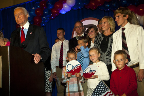 Chris Detrick  |  The Salt Lake Tribune
With his family members sharing the stage, Sen. Orrin Hatch speaks during the Republican Election Night Party at the Salt Lake Hilton Hotel Tuesday November 6, 2012.