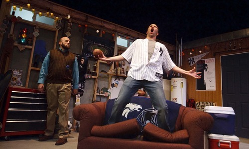 Leah Hogsten  |  The Salt Lake Tribune
Lanny Langston (in sweater) and Jesse Peery (in Yankee shirt) rehearse Salt Lake Acting Company's upcoming production of "Manning Up." The play runs Nov. 7-Dec. 9, 2012.