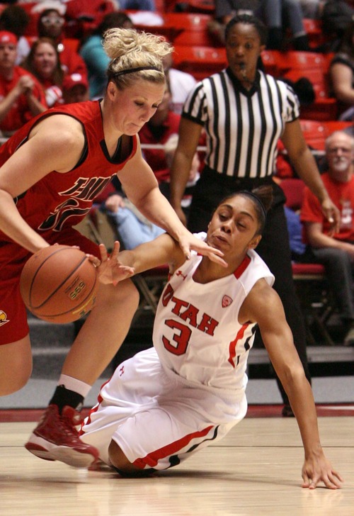 Leah Hogsten  |  The Salt Lake Tribune
Utes get possession after Southern Utah's Tayler Anderson knocks the ball out of bounds in a battle with Utah's Iwalani Rodrigues. University of Utah Lady Utes defeated Southern Utah 79-61 Tuesday, November 13, 2012 in their home opener.