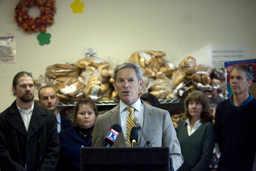 Kim Raff  |  The Salt Lake Tribune
Mayor Ralph Becker speaks during a press conference with Salt Lake City's Food Policy Task Force, which released a Draft Community Food Assessment at Hildegard's Food Pantry on Wednesday, Nov. 14, 2012.