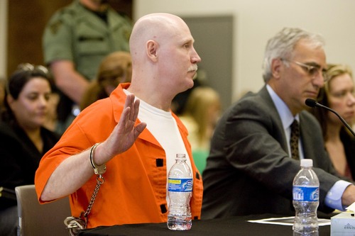 Trent Nelson | The Salt Lake Tribune

Ronnie Lee Gardner is sworn in before speaking at his commutation hearing at the Utah State Prison in Draper, Utah, Thursday, June 10, 2010. Next to him is his attorney Andrew Parnes.
