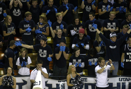 Chris Detrick  |  The Salt Lake Tribune
Utah State fans cheer during the first half of the game at Dee Glen Smith Spectrum Thursday November 15, 2012. St. Mary's is winning the game 34-31.