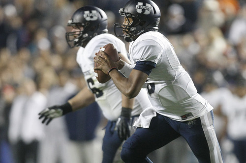 Chris Detrick  |  The Salt Lake Tribune
Utah State Aggies quarterback Chuckie Keeton (16) looks to throw the ball during the first half of the game at LaVell Edwards Stadium Friday October 5, 2012. BYU is winning the game 6-3.