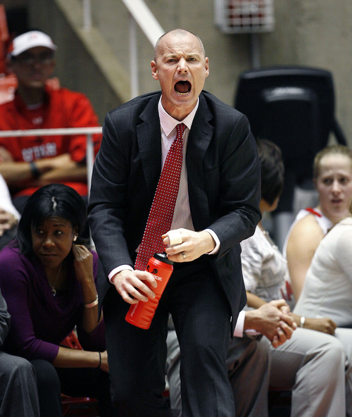 Scott Sommerdorf  |  The Salt Lake Tribune              
Utah head coach Anthony Levrets shouts instructions to his team as they are way ahead against Michgan late in the second half. Utah beat Michigan 59-40 in women's basketball at the Huntsman Center, Friday, November 16, 2012.