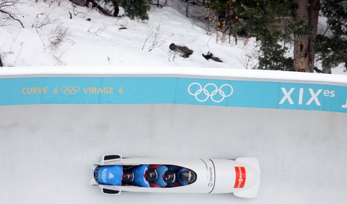 Kim Raff  |  The Salt Lake Tribune
Alexander Kasjanov drives Russia 2 around curve 6 during the FIBT 4 Man Bobsled World Cup at Utah Olympic Park in Park City, Utah on November 17, 2012. The team placed 7th in the event.