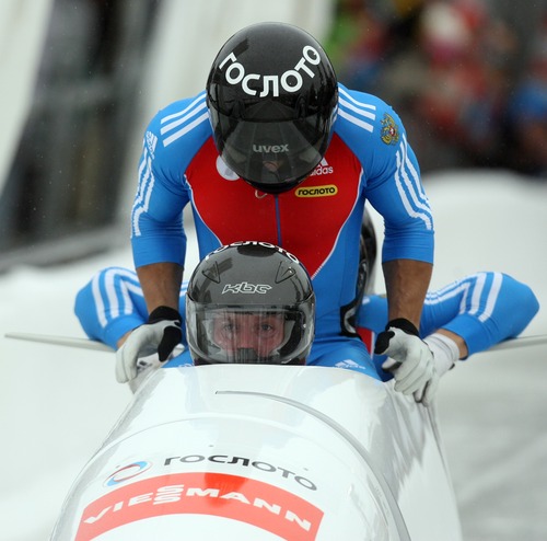 Kim Raff  |  The Salt Lake Tribune
Alexander Zubkov drives Russia 1 at the start of heat 1 of the FIBT Men's 4 Man Bobsled World Cup at Utah Olympic Park in Park City, Utah on November 17, 2012. The team went on to place first in the event.