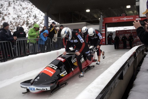 Kim Raff  |  The Salt Lake Tribune
Maximilian Arndt leads Germany 2 at the start of heat 1 of the FIBT 4 Man Bobsled World Cup at Utah Olympic Park in Park City, Utah on November 17, 2012. The team went on to place 4th in the event.
