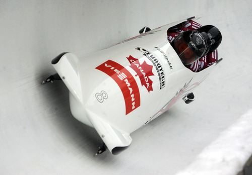Kim Raff  |  The Salt Lake Tribune
Lyndon Rush pilots Canada 1during the second heat of the FIBT 4 Man Bobsled World Cup at Utah Olympic Park in Park City, Utah on November 17, 2012.