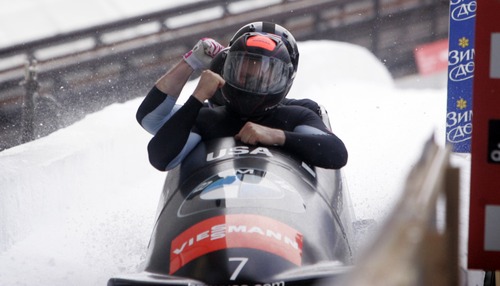 Kim Raff  |  The Salt Lake Tribune
Steven Holcomb pilots USA 1 to a second place finish at the FIBT 4 Man Bobsled World Cup at Utah Olympic Park in Park City, Utah on November 17, 2012.
