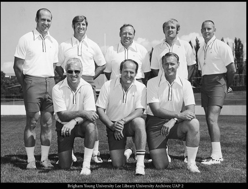 Photo courtesy of BYU

BYU assistant football coach Dick Felt (bottom row, left) coached at BYU from 1968-1993. He is pictured here with other members of  Lavell Edward's (bottom, middle) BYU coaching staff in 1974, which also included, back row, left to right: Mel Olson, Fred Whittingham, Tom Ramage, Dewey Warren, J. D. Helm;  and Dave Kragthorpe, front row right.