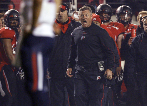 Utah Utes head coach Kyle Whittingham is livid with an illegal hands to the face penalty against Joe Kruger with Arizona close to the goal line. Arizona defeated Utah 34-24 at Rice-Eccles Stadium, Saturday, Nov. 17, 2012. (AP Photo/Scott Sommerdorf, The Salt Lake Tribune)