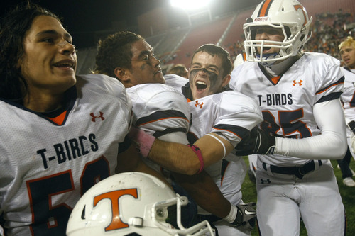 Chris Detrick  |  The Salt Lake Tribune
Timpview played celebrate after winning the 4A championship game at Rice-Eccles Stadium Friday November 16, 2012. Timpview defeated Mountain Crest 38-31
