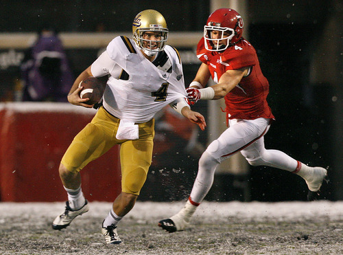 Scott Sommerdorf  |  The Salt Lake Tribune             
Utah linebacker Brian Blechen chases and sacks UCLA quarterback Kevin Prince during a game in 2011.