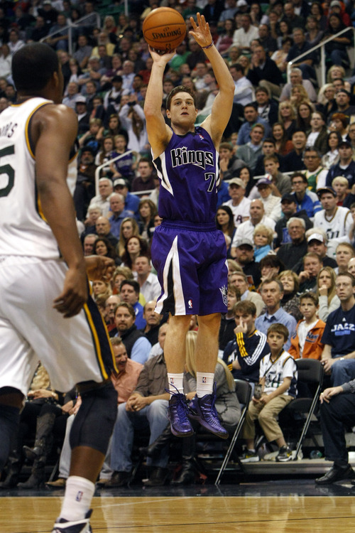 Chris Detrick  |  The Salt Lake Tribune
Sacramento Kings point guard Jimmer Fredette (7) shoots the ball during the fourth quarter of the game at EnergySolutions Arena Friday November 23, 2012.  The Jazz won the game 104-102.