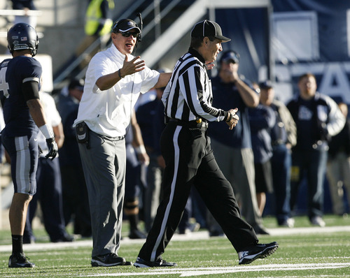 Scott Sommerdorf  |  The Salt Lake Tribune              
Utah State Aggies head coach Gary Andersen complains about a call to officials during second half play. Utah State defeated Idaho 45-9 in Logan, Saturday, November 24, 2012 to become champions of the WAC.