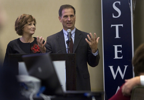 Scott Sommerdorf  |  The Salt Lake Tribune              
2nd Congressional candidate Chris Stewart and his wife, Evie, thank campaign workers and supporters at the GOP headquarters at the Hilton Hotel in Salt Lake City, Tuesday, November 6, 2012