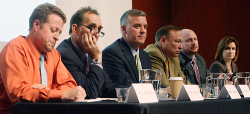 Steve Griffin | The Salt Lake Tribune


Candidates to replace Salt Lake County Mayor-elect Ben McAdams in the state Senate, District 2, sit down to a debate at the Utah Museum of Fine Arts, Dumke Auditorium in Salt Lake City, Utah Tuesday November 27, 2012. The candidates were Will Carlson, Robert Comstock,  Peter Corroon, Jim Dabakis, Brian Doughty and Jenny WIlson.