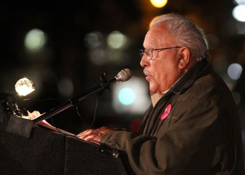 Rick Egan  | The Salt Lake Tribune 

Archie Archuleta speaks in recognition of World AIDS Day at the City-County Building, Saturday, December 1, 2012.The culmination of the event is a red lighting of the City & County Building and a bell-ringing tribute to those who have lost their lives to HIV/AIDS and those who continue to be affected by the disease.