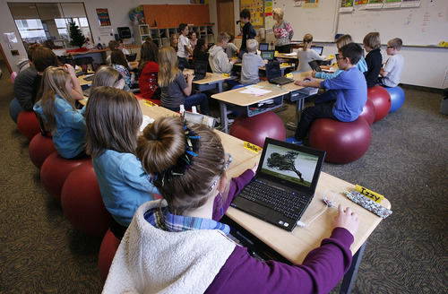 Scott Sommerdorf  |  The Salt Lake Tribune              
Sixth-graders in Kris Wright's class at Endeavour Elementary school sit on ergonomic balls they have earned through meeting scholastic challenges. The balls are purchased by parents. Utah recently released new accountability data for all Utah public schools, and Endeavour Elementary has the third-highest score in the state under the new system.