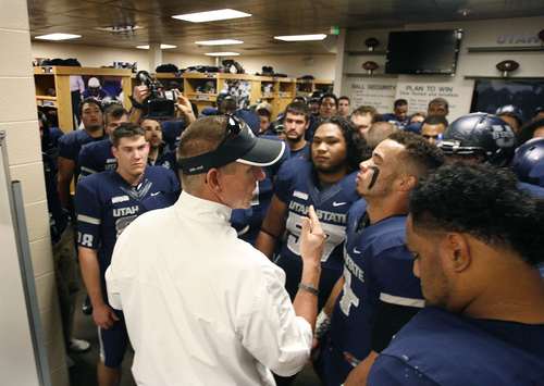 Scott Sommerdorf  |  The Salt Lake Tribune              
Utah State Aggies head coach Gary Andersen gives his players encouragement in the locker room prior to taking the field to play the Idaho Vandals in Logan, Saturday, November 24, 2012.