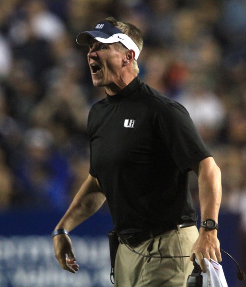 Rick Egan  | The Salt Lake Tribune 

Utah State Aggies head coach Gary Andersen shouts instructions to his team, as BYU defeats the Aggies, at Lavell Edwards Stadium in Provo, Friday, September 30, 2011.