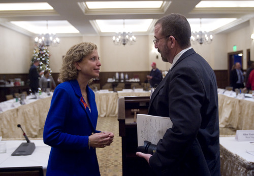 Kim Raff  |  The Salt Lake Tribune
DNC Chairwoman Debbie Wasserman Schultz talks with DNC Executive Garry Shay, of California, after the DNC Executive Committee meeting at the Montage at Deer Valley in Park City on December 1, 2012.
