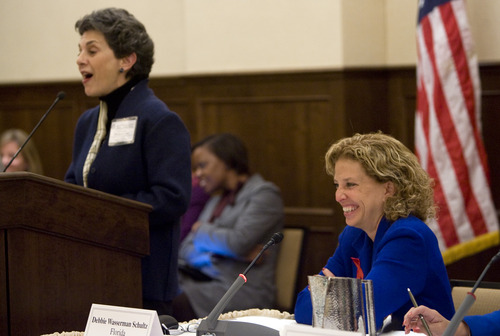 Kim Raff  |  The Salt Lake Tribune
DNC Chairwoman Debbie Wasserman Schultz, right, listens as Utah Rep. Patrice Arent, D-Millcreek, speaks during the DNC Executive Committee meeting at the Montage at Deer Valley in Park City on December 1, 2012.