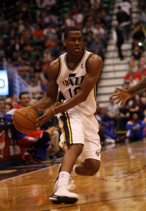 Ashley Detrick  |  The Salt Lake Tribune
Alec Burks looks for a pass in the first half of the game against the Clippers on Saturday, Oct. 20, 2012 at Energy Solutions in Salt Lake City.
