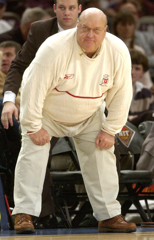 ** FILE ** Utah head coach Rick Majerus watches from the sidelines during the second half of his team's 44-76 loss to Connecticut in the consolation game of the pre-season NIT in this Nov. 28, 2003 photo, at Madison Square Garden in New York. Majerus was hospitalized with heart problems and will resign after the season, the school announced Wednesday, Jan. 28, 2004. Majerus, 55, felt chest pains Tuesday night, Jan. 27, and contacted a cardiologist in Santa Barbara, Calif., where he went for treatment. (AP Photo/Julie Jacobson)