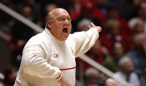 Utah head basketball coach Rick Majerus yells out instructions to his players during Monday night's game against Alabama at the Huntsman Center at the University of Utah. Alabama, the No. 2-ranked team in the country, lost to Utah 51-49.   Francisco Kjolseth/The Salt Lake Tribune    12/30/2002