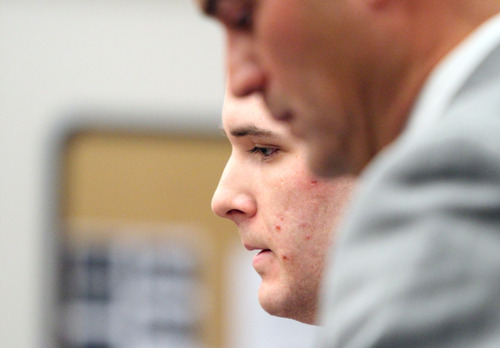 Rick Egan  | The Salt Lake Tribune 

Blake Molder (left) stands next to his attorney Rex Bray, as he makes a statement to the court, during his sentencing at the Matheson Court House, Monday, December 3, 2012.  Molder is being sentenced for causing the crash that killed Cottonwood High School assistant football coach Michael Gallegos in June.