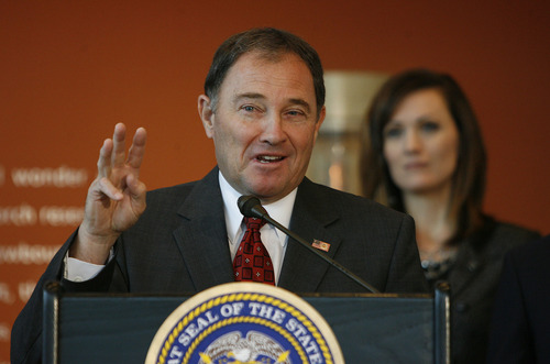 Scott Sommerdorf  |  The Salt Lake Tribune              
Utah Gov. Gary Herbert said the state is more than ready, willing and able to bid on a Salt Lake City hosted 2026 Winter Olympics. The news conference at the Olympic Cauldron Park & Visitor Center Gallery, at Rice-Eccles Stadium, was held in response to an exploratory committee's recommendation to go forward with a proposal.