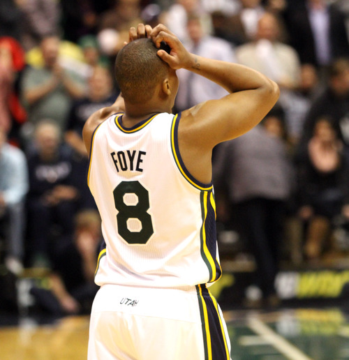 Rick Egan  | The Salt Lake Tribune 

Utah Jazz point guard Randy Foye (8) reacts at the buzzer, as The Los Angeles Clippers beat the Jazz 105-104, in NBA action in Salt Lake City, Monday, December 3, 2012.