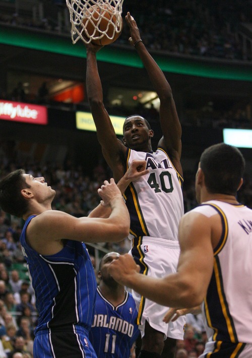 Kim Raff  |  The Salt Lake Tribune
Utah Jazz small forward Jeremy Evans (40) tries for two during a game against Orlando at EnergySolutions Arena in Salt Lake City on December 5, 2012. Jazz went on to win 87-81.