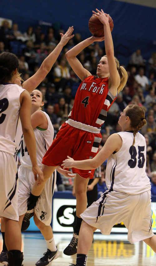 Steve Griffin  |  The Salt Lake Tribune
American Fork's Ashley Baugh shoots a jumper during 5A semifinal girl's basketball game between Syracuse and American Fork at the Salt Lake Community College in West Valley City.