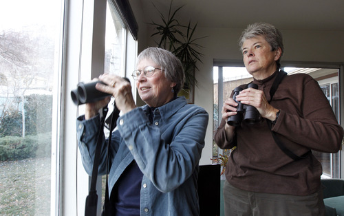 Al Hartmann  |  The Salt Lake Tribune
Deedee O'Brien, left, and Pomera Fronce watch winter birds from the comfort of O'Brien's living room that looks out on the back yard with its bird feeders.  Fronce is trying to expand the Salt Lake City count by encouraging people to participate from their homes for the annual Audubon Christmas Bird Count which starts Dec. 14.