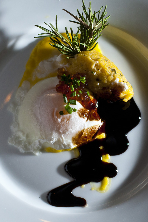 Chris Detrick  |  The Salt Lake Tribune
La Caille's poached egg with corn cake, polenta quenelle, balsamic reduction, shaved Oregon black truffle, sweet corn paste and chive pearls ($12).
