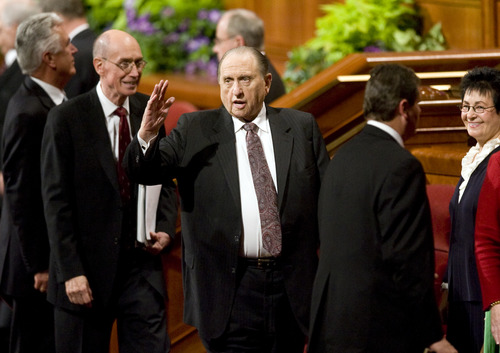 Kim Raff  |  The Salt Lake Tribune
LDS President Thomas S. Monson waves to the audience as he leaves the afternoon session during 182nd Semiannual General Conference of the LDS Church in Salt Lake City on Sunday,  October 7, 2012.