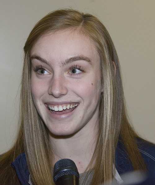 Paul Fraughton | The Salt Lake Tribune.
BYU's Lexi Eaton smiles as she talks about her teams selection to play DePaul in the opening round of the NCAA tournament.
 Monday, March 12, 2012