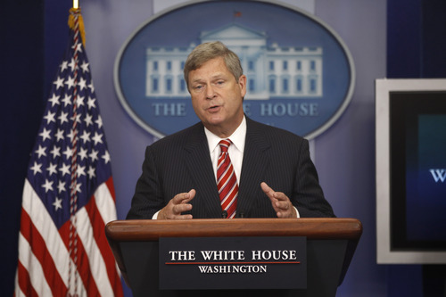 FILE - In this July 18, 2012, file photo, Agriculture Secretary Tom Vilsack talks about the drought during a press briefing at the White House in Washington. Vilsack has some harsh words for rural America: It's "becoming less and less relevant," he says. A month after an election that Democrats won even as rural parts of the country voted overwhelmingly Republican, the former Democratic governor of Iowa told farm belt leaders this past week that he's frustrated with their internecine squabbles and says they need to be more strategic in picking their political fights. "It's time for us to have an adult conversation with folks in rural America," Vilsack said in a speech at a forum sponsored by the Farm Journal. "It's time for a different thought process here, in my view." He said rural America's biggest assets  the food supply, recreational areas and energy, for example  can be overlooked by people elsewhere as the U.S. population shifts more to cities, their suburbs and exurbs. (AP Photo/Charles Dharapak, File)