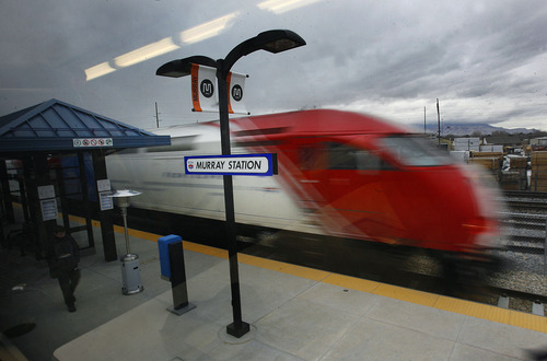 Scott Sommerdorf  |  The Salt Lake Tribune              
A FrontRunner train leaves the Murray Station on its way to Salt Lake City, Saturday, December 8, 2012. The public was invited to ride the new FrontRunner line linking Provo and Salt Lake City.