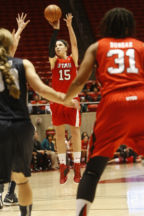 Chris Detrick  |  The Salt Lake Tribune
Utah Utes forward Michelle Plouffe (15) shoots the ball during the first half of the game at the Huntsman Center Saturday December 8, 2012. BYU is winning the game 28-21 at halftime.
