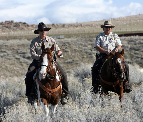 Steve Griffin  |  The Salt Lake Tribune
Rangers John Sullivan and Bob Rosell go for a ride on Antelope Island State Park Monday November 19, 2012. Park Manager Jeremy Shaw is going back to the future by having his law enforcement rangers patrol remote parts of the island on horseback.