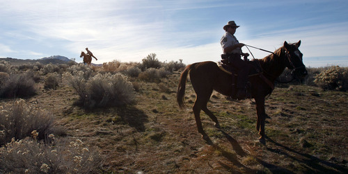 Steve Griffin  |  The Salt Lake Tribune
Ranger John Sullivan throws his leg over his horse as he and partner Bob Rosell head out for a ride on Antelope Island State Park on Monday November 19, 2012. Park Manager Jeremy Shaw is going back to the future by having his law enforcement rangers patrol remote parts of the island on horseback.